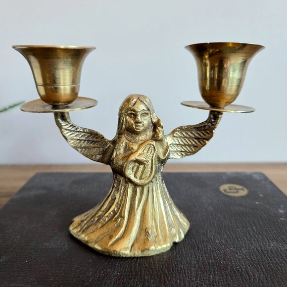 Vintage Brass Candleholder with Angel playing a lute. Christmas decor. - Picture 2 of 5